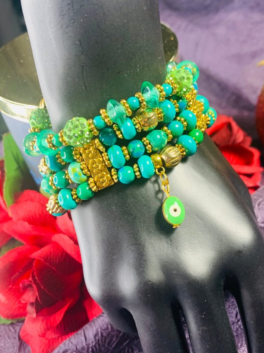 One-Of-A-Kind Evil Eye Charm, Wagnerite, Australian Jasper & Pewter Bracelet Set